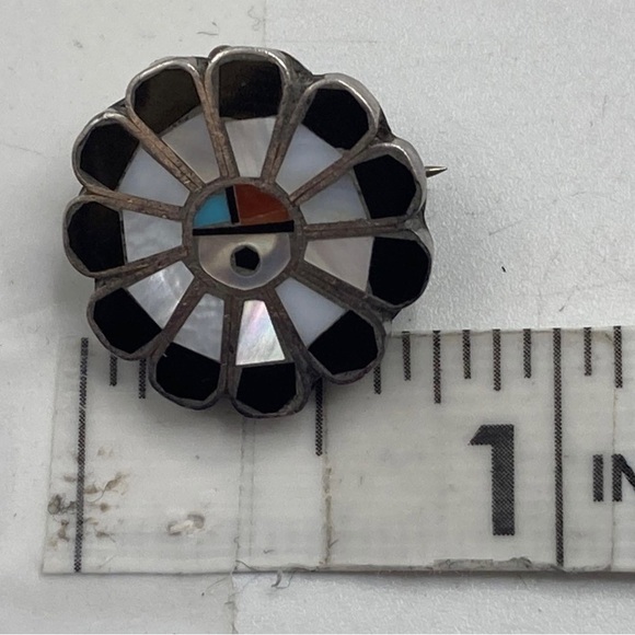 Zuni Southwestern Sterling Silver Mother Of Pearl Onyx Gemstone Pendant/Brooch - Picture 4 of 4